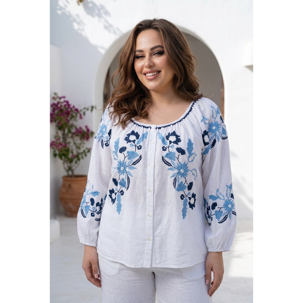 Charter Club Womens XXL White Linen Blue Floral Embroidered Peasant Top Artisan